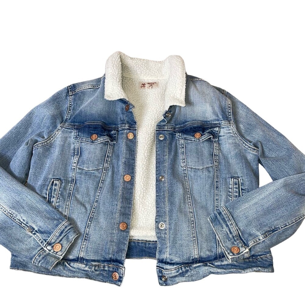 Arizona Jacket denim jean sherpa lined button up girls SZ XL trucker shacket